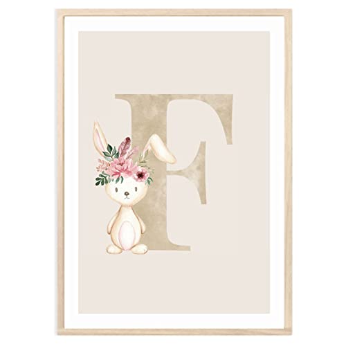 MeinBaby123® Buchstaben Poster DIN A4 Kinderzimmer Mädchen und Junge | Babyzimmer Deko | Bilder Kinderzimmer | Geschenkideen zur Geburt | Geburtsposter | Anfangsbuchstabe Poster F (Hase - F) von MeinBaby123