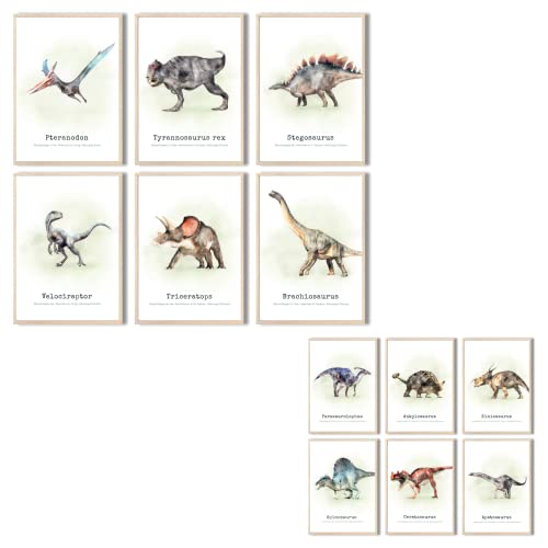 MeinBaby123® Dino Poster Kinderzimmer doppelseitig | Dinosaurier Poster 6er Set DIN A4 |12 Motive I Bilder Kinderzimmer Jungen | Dino Deko Kinderzimmer (Poster Set doppelseitig V1) von MeinBaby123