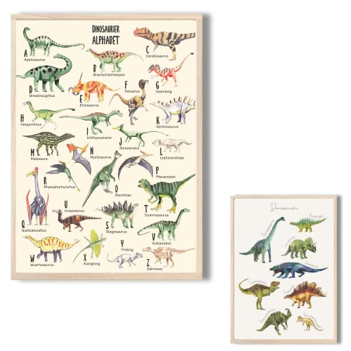 MeinBaby123® Dino Poster Kinderzimmer doppelseitig | Dinosaurier Poster DIN A2 | Bilder Kinderzimmer Jungen | Dino Deko Bilder Kinderzimmer | Wandposter Premium (Dino Poster doppelseitig V2) von MeinBaby123