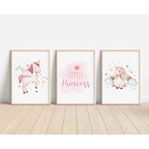 MeinBaby123® Einhorn Bilder Kinderzimmer | 3er Set DIN A4 | Einhorn Deko | Kinderzimmer Poster Set | Einhorn Geschenke für Mädchen | Kinderzimmer Deko Mädchen | Baby Geschenk (Einhorn V2) von MeinBaby123