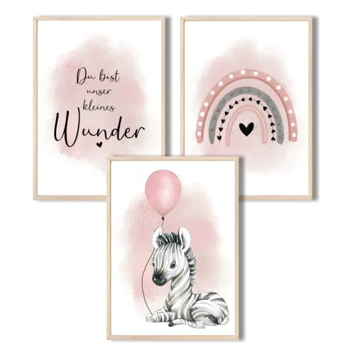 MeinBaby123® I Bilder Kinderzimmer | 3er Set DIN A4 Poster Set | Wandbilder | Kinderzimmer Poster | (Zebra & Luftballon rosa) von MeinBaby123