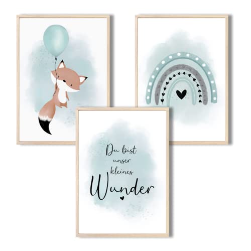 MeinBaby123® I Deko Bilder Kinderzimmer | 3er Set DIN A4 | Wandbilder | Kinderzimmer Poster | Bilder Kinderzimmer Mädchen und Jungen | Babyzimmer Deko (Luftballon & Fuchs mint) von MeinBaby123