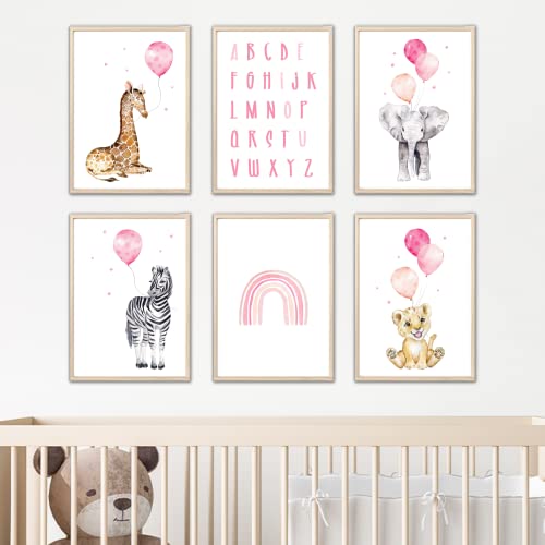 MeinBaby123® Poster Kinderzimmer | 6er Set DIN A4 Poster Set | Wandbilder | Tiere Luftballon | Deko Bilder Kinderzimmer | Babyzimmer Deko I Afrika (Tiere mit Luftballon rosa) von MeinBaby123