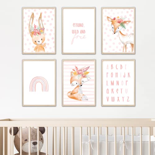 MeinBaby123® Poster Kinderzimmer | 6er Set DIN A4 Poster Set | Indianer-Tiere Boho Wandbilder | Deko Bilder Kinderzimmer | Babyzimmer Deko | Wandposter Premium (Boho Tiere rosa) von MeinBaby123