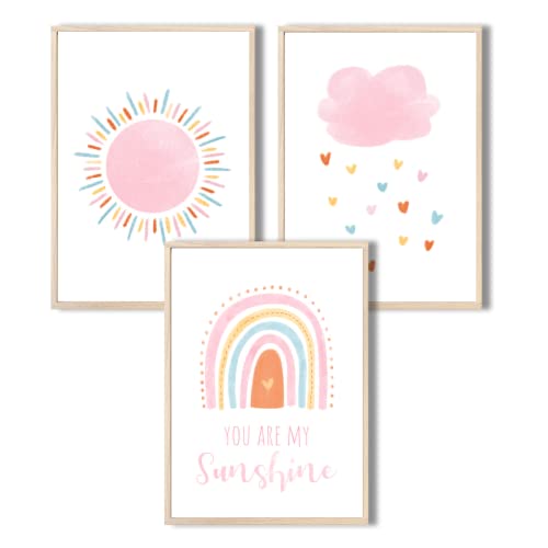 MeinBaby123® Poster Kinderzimmer | er Set DIN A4 Poster Set | Wandbilder mit Spruch | Regenbogen | Deko Kinderzimmer Mädchen Junge | Babyzimmer Deko | Wandposter Premium (You are my sunshine) von MeinBaby123