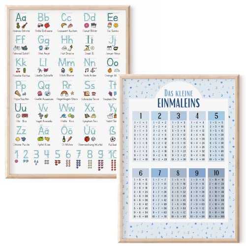 MeinBaby123® XL ABC Lernposter Grundschrift für Kinder DIN A2 | 1x1 Poster, Einmaleins Trainer für Kinder | 2er Set | Kindergarten, Vorschule, Grundschule | inkl. Übungsblätter (2er Set - blau A2) von MeinBaby123