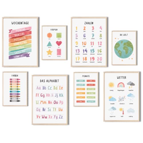 MeinBaby123® pädagogische Lernplakate Lernposter | Bilder Kinderzimmer | 8er Set A4 Poster Set | Alphabet ABC, Zahlen | Vorschule, Grundschule | Wandposter Premium (Lernposter - 8ter Set V2) von MeinBaby123