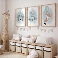 Meinbaby123® 3Er Set Din A2 Bilder Kinderzimmer | Poster Deko Babyzimmer Wandbilder Mit Spruch | Fuchs Luftballon Mint von MeinBaby123Shop