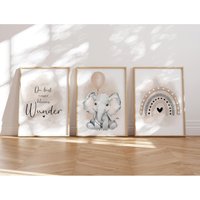 Meinbaby123® 3Er Set Din A4 Bilder Kinderzimmer | Poster Deko Babyzimmer Spruch Wandbilder | Elefant Luftballon Beige von MeinBaby123Shop
