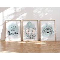 Meinbaby123® 3Er Set Din A4 Bilder Kinderzimmer | Poster Deko Babyzimmer Spruch Wandbilder | Elefant & Luftballon Mint von MeinBaby123Shop