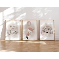 Meinbaby123® 3Er Set Din A4 Bilder Kinderzimmer | Poster Deko Babyzimmer Spruch Wandbilder | Fuchs & Luftballon Beige von MeinBaby123Shop
