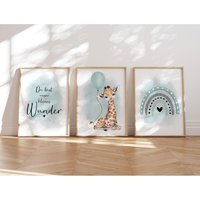 Meinbaby123® 3Er Set Din A4 Bilder Kinderzimmer | Poster Deko Babyzimmer Spruch Wandbilder | Giraffe & Luftballon Mint von MeinBaby123Shop