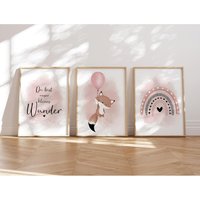 Meinbaby123® 3Er Set Din A4 Bilder Kinderzimmer | Poster Deko Babyzimmer Wandbilder Mit Spruch | Fuchs Luftballon Rosa von MeinBaby123Shop