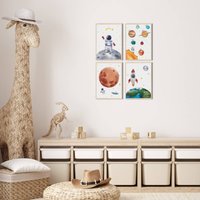 Meinbaby123® 4Er Set Din A4 Bilder Kinderzimmer | Poster Deko Babyzimmer Wandbilder Wanddeko | Astronaut V4 von MeinBaby123Shop