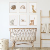 Meinbaby123® 6Er Set Din A4 Bilder Kinderzimmer | Poster Deko Babyzimmer Tiere Wandbilder | Faultier & Freunde Set von MeinBaby123Shop