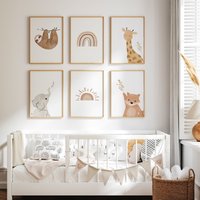 Meinbaby123® 6Er Set Din A4 Bilder Kinderzimmer | Poster Deko Babyzimmer Tiere Wandbilder | Faultier & Freunde Set von MeinBaby123Shop
