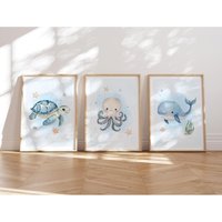 Unterwasserwelt A4 Poster Kinderzimmer 3Er Set, Süßer Wal, Schildkröte, Qualle, Deko, Bilder von MeinBaby123Shop