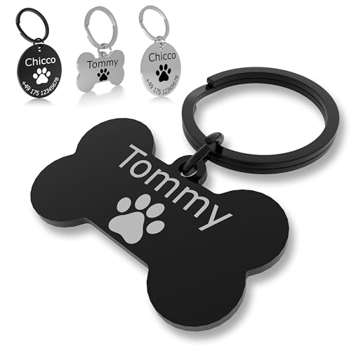 Hundemarke mit Gravur – ⌀30mm Robuster Hundeanhänger aus Edelstahl in Silber – Personalisierter Dog Tag mit Adresse auf der Rückseite (KNOCHEN SCHWARZ) von Meinearmbänder