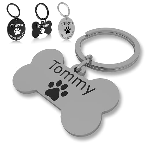 Hundemarke mit Gravur – ⌀30mm Robuster Hundeanhänger aus Edelstahl in Silber – Personalisierter Dog Tag mit Adresse auf der Rückseite (KNOCHEN SILBER) von Meinearmbänder