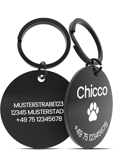 Hundemarke mit Gravur – ⌀30mm Robuster Hundeanhänger aus Edelstahl in Silber – Personalisierter Dog Tag mit Adresse auf der Rückseite (Rund Schwarz) von Meinearmbänder