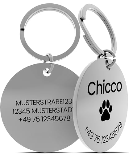 Hundemarke mit Gravur – ⌀30mm Robuster Hundeanhänger aus Edelstahl in Silber – Personalisierter Dog Tag mit Adresse auf der Rückseite (Rund Silber) von Meinearmbänder