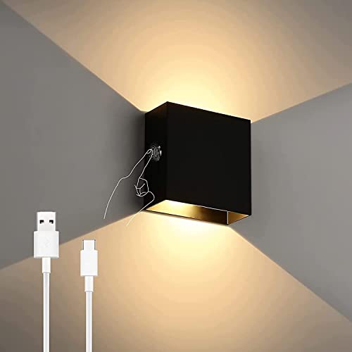 Wandleuchte Innen, Akku Wandleuchte Dimmbare Touch Control,6W USB Aufladbare Wandleuchte Batterie Warmweiß Aluminium Magnetische Wandlampe für Schlafzimmer, Wohnzimmer, Flur,Treppen (Schwarz) von Meinice