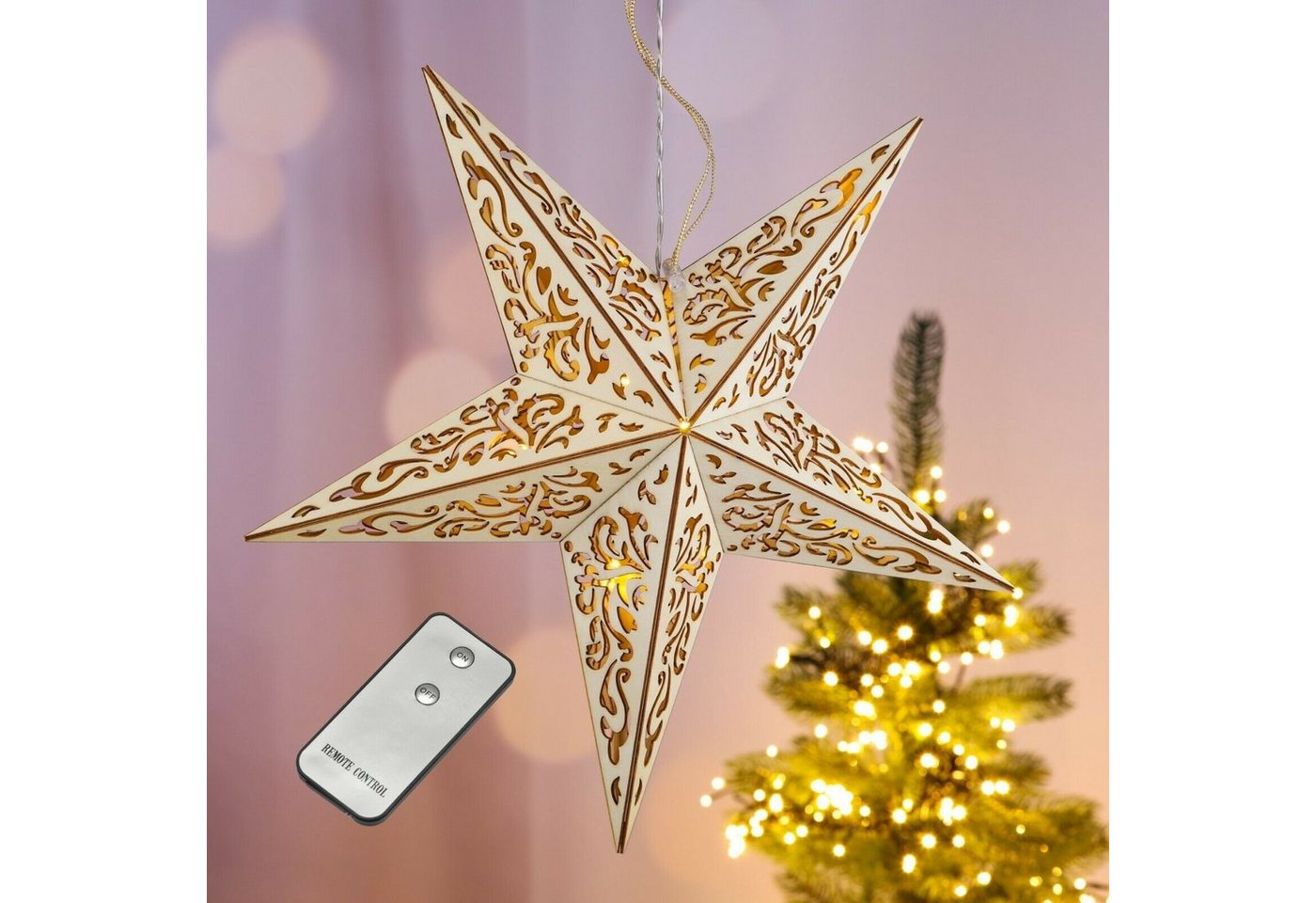 Meinposten LED-Lichterkette Stern Weihnachtsstern LED Ø 40 cm Holz Fernbedienung batterie von Meinposten