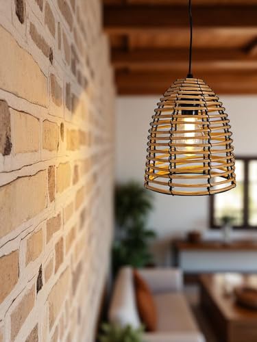 Meinposten LED Hängeleuchte in Rattan Optik für Außen und Innen - 18 x 16 cm - Garten Deko Beleuchtung warm weiß mit Timer - Outdoor Pendelleuchte Deckenleuchte Lampe Batterie betrieben zum Hängen von Meinposten