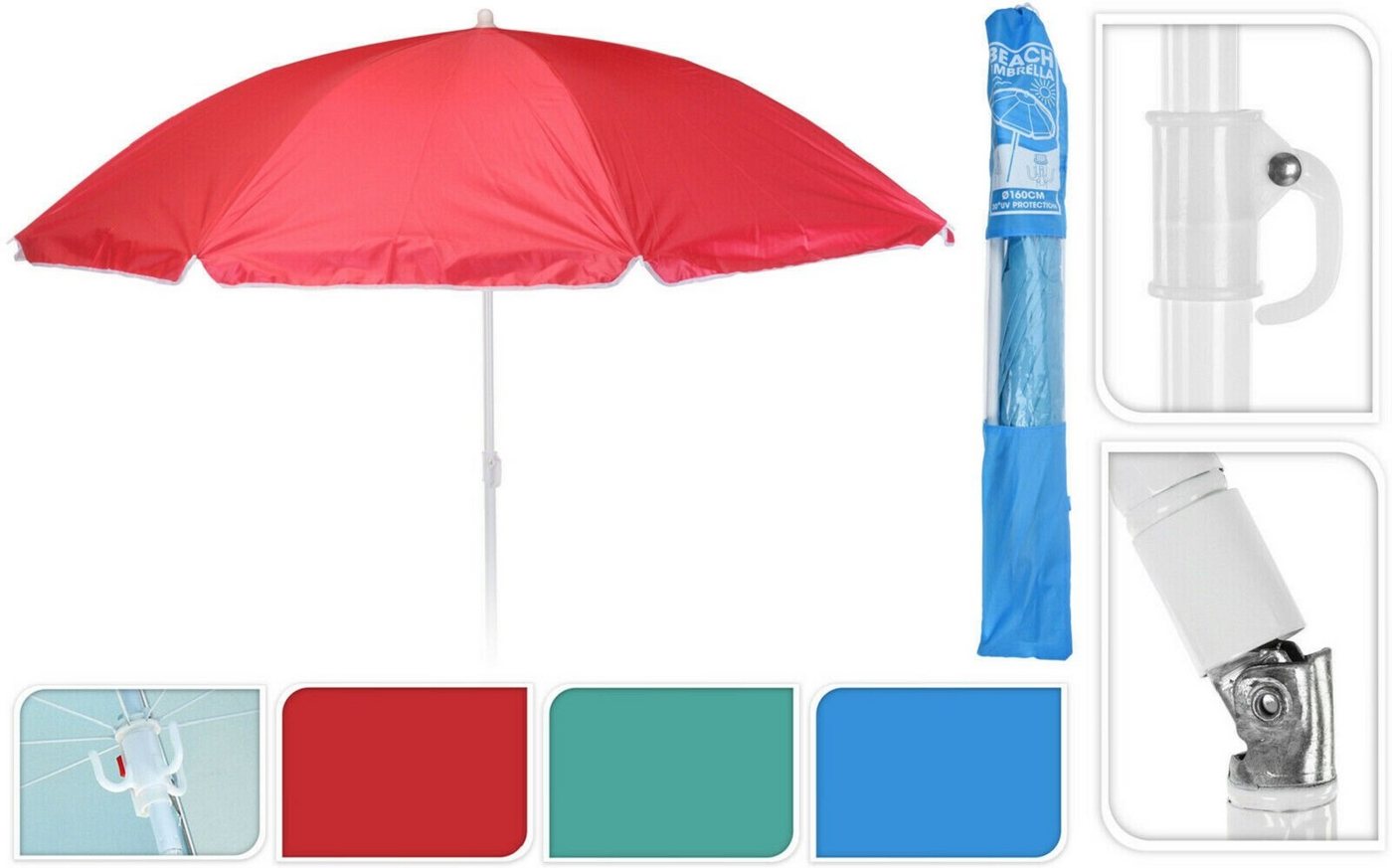 Meinposten Sonnenschirm Ø 138 cm Strandschirm Schirm mit 3 Haken Strand Urlaub UV-Schutz, Knickgelenk, höhenverstellbar von Meinposten