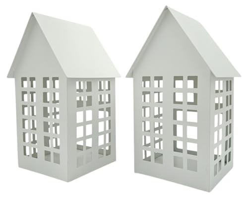 Windlicht Metall Haus weiß 2er Set Teelichthalter Deko Laternenhaus 21 cm Kerzenhaus Teelichthaus Lichterhaus von Meinposten