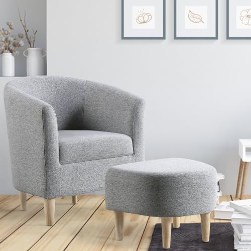 Meisax Sessel Ohrensessel mit Hocker, Bequemer und weicher Relaxsessel Lesesessel Fernsehsessel, Sessel Wohnzimmer Schlafzimmer Loungesessel, Leinenstoff, Beine aus Massivholz (Grau) von Meisax