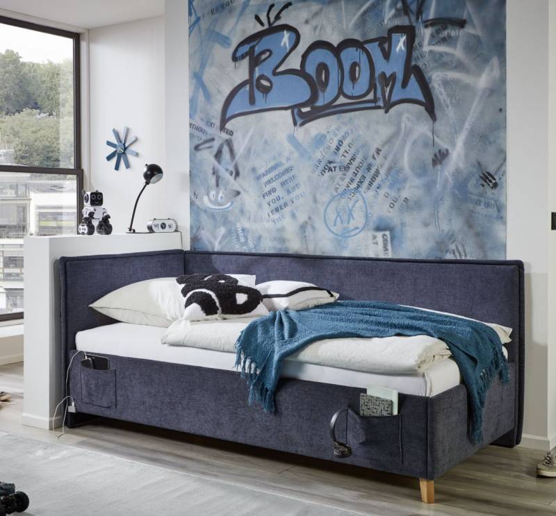Polsterbett in 3 Größen mit Rückenteil USB-Anschluss Jugendbett Dunkelblau von Meise Möbel