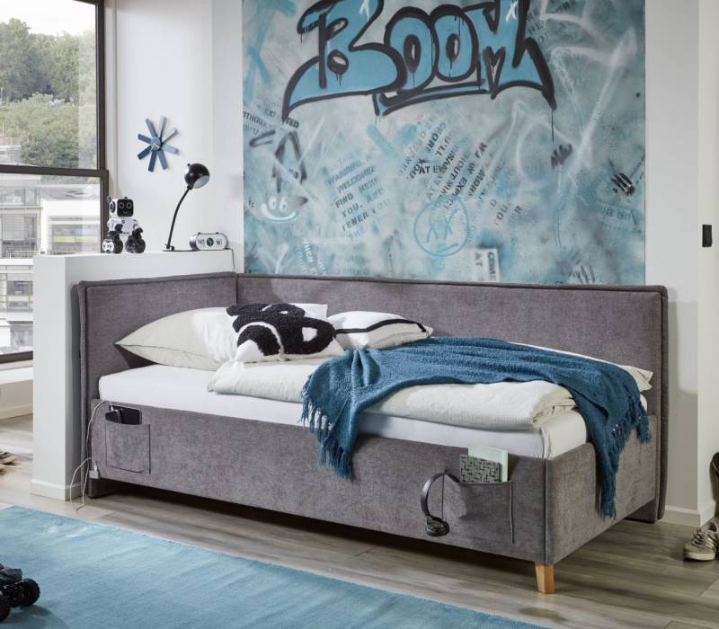 Polsterbett in 3 Größen mit Rückenteil USB-Anschluss Jugendbett Grau von Meise Möbel