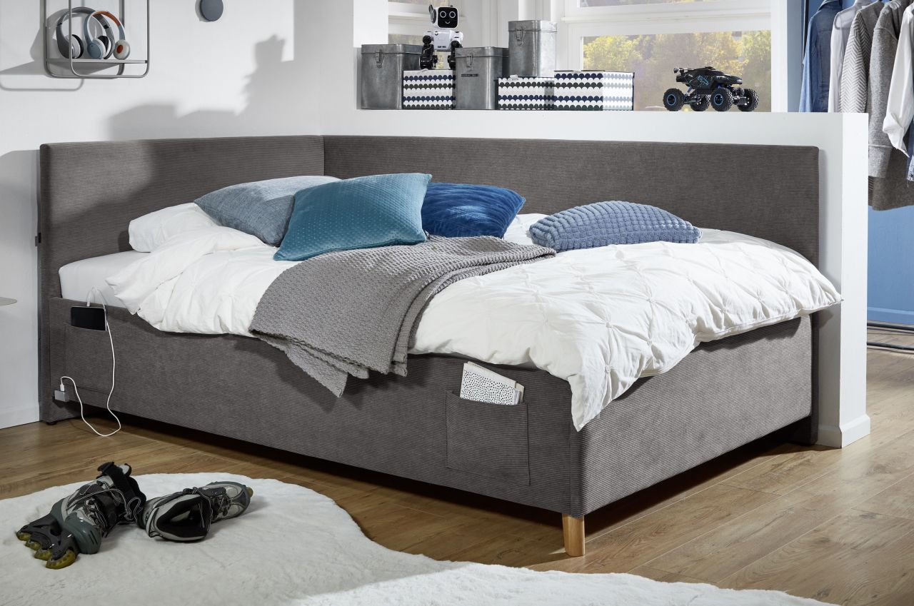 Polsterbett in 3 Größen mit Rückenteil USB-Anschluss Jugendbett Anthrazit Polsterbett in 3 Größen mit Rückenteil USB-Anschluss Jugendbett Anthrazit von Meise Möbel
