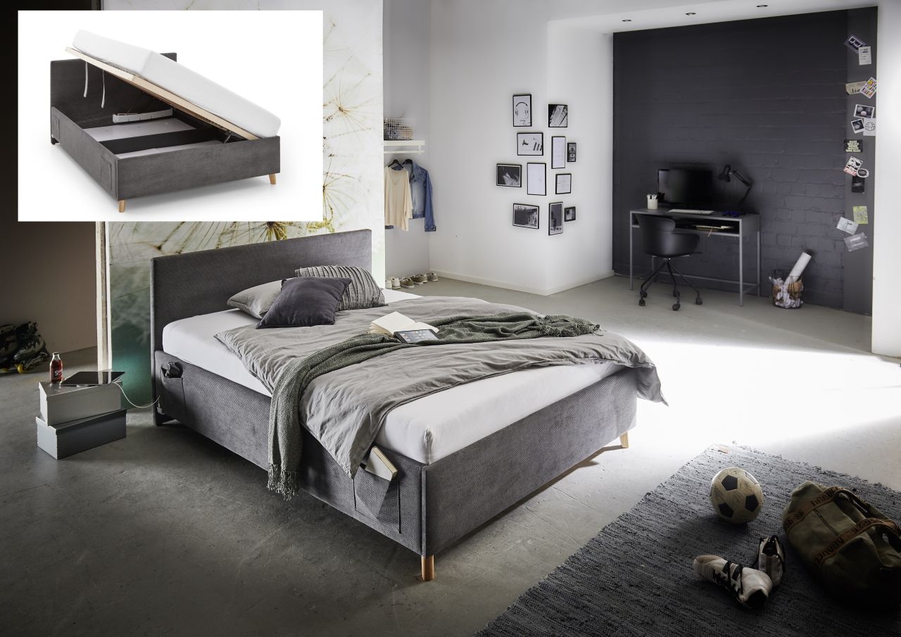 Polsterbett mit Bettkasten Lattenrost 3 Größen Jugendbett USB-Anschluss Anthr... von Meise Möbel