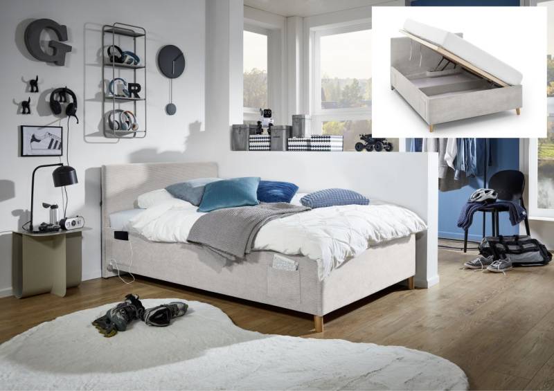 Polsterbett mit Bettkasten Lattenrost 3 Größen Jugendbett USB-Anschluss Nata von Meise Möbel