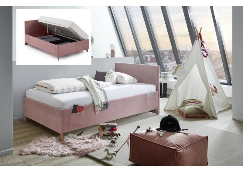 Polsterbett mit Bettkasten Lattenrost 3 Größen Jugendbett USB-Anschluss Rose von Meise Möbel