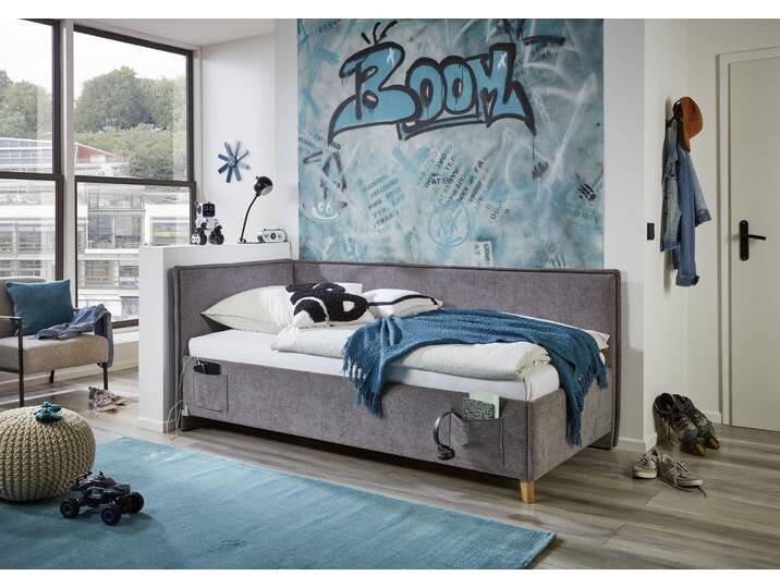 Kinderbett MEISE.MÖBEL FUN II , grau (grau, grau), B:133cm L:215cm, Betten, Polsterbett wahlweise mit Bettkasten, Jugendbett inkl. USB-Anschluss von Meise