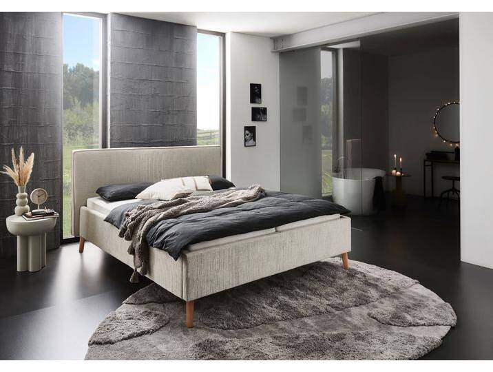 Polsterbett MEISE.MÖBEL Riva , beige (greige, greige), B:205cm L:216cm, Betten, mit eichefarbigen Holzfüßen, wahlweise mit Bettkasten und Lattenrost von Meise