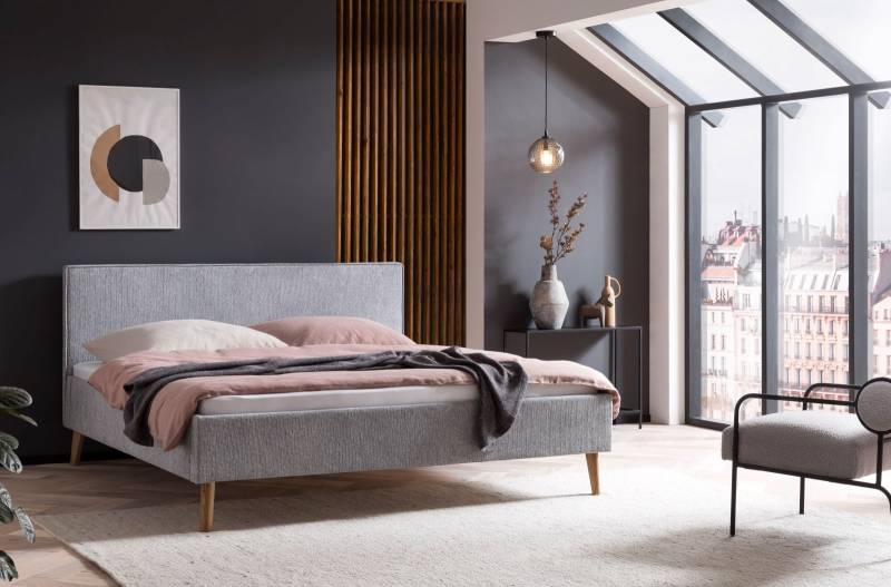 Polsterbett Twister by Meise – Modernes Designerbett in Grau  | Hochwertiger Stoffbezug Glow & Eichenholzfüße | Erhältlich in  & 180x200 cm von Meise