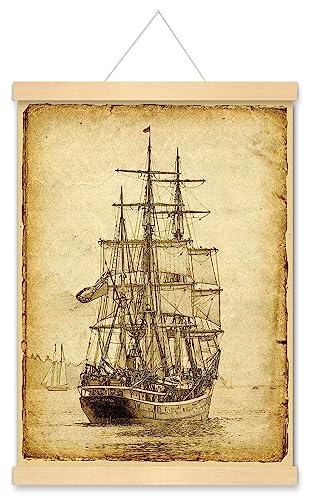 Segelschiff-Posterdruck, Kunstbild, Vintage-Stil, nautisches altes Segelboot, Wand-Leinwand-Dekor (30 x 40 cm + Rahmen zum Aufhängen) von Meishe Art
