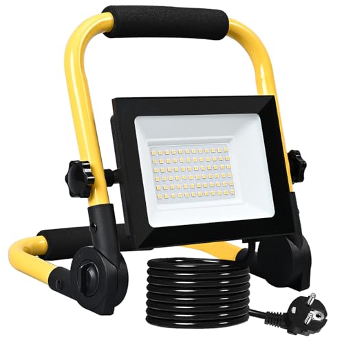 Meision LED Baustrahler 50W 4300LM Kaltweiß, Superhell LED Arbeitsscheinwerfer 6500K mit Stecker + 3 Meters Stromkabel, IP66 Tragbar Flutlicht, Baustellenlampe für Baustelle, Garage von Meision