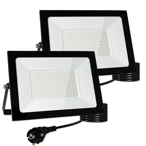 Meision LED Strahler Außen 100W, LED Scheinwerfer mit Stecker, Superhell Aluminium Kaltweiß LED Fluter 6000K IP66 Wasserdicht, LED Außenstrahler mit 3 Meter Kabel für Garage, Garten, 2 Stück von Meision
