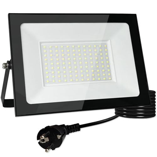 Meision Strahler Außen 100W, Scheinwerfer Mit Stecker, Superhell Aluminium Warmweiß LED Fluter 3000K IP66 Wasserdicht, Außenstrahler Mit 3 Meter Kabel für Garage, Garten, Flur von Meision