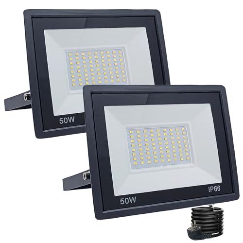 Meision LED Strahler Außen 50W, Scheinwerfer Mit Stecker, Superhell Aluminium Flutlicht Warmweiß 3000K IP66 Wasserdicht, Außenstrahler Mit 3m Kabel Für Hof, Garage, Garten, 2 Stücke von Meision