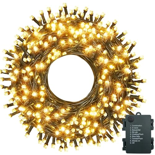Meision Lichterkette Batterie 30m 300LEDs, Lichterkette Außen Inner mit Timer, 8 Modi, Speicherfunktion, Lichterkette Outdoor Batterie Weihnachtsbaum für Party, Balkon, Zimmer, Warmweiß von Meision