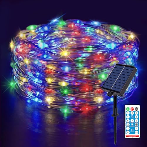 Meision Solar Lichterkette Aussen 20m 200LEDs, LED Lichterkette Kupferdraht mit Timer + Fernbedienung + 8 Modi+ IP65 Wetterfest, Lichterkette Weihnachtsbaum für Balkon, Party, Bunt von Meision