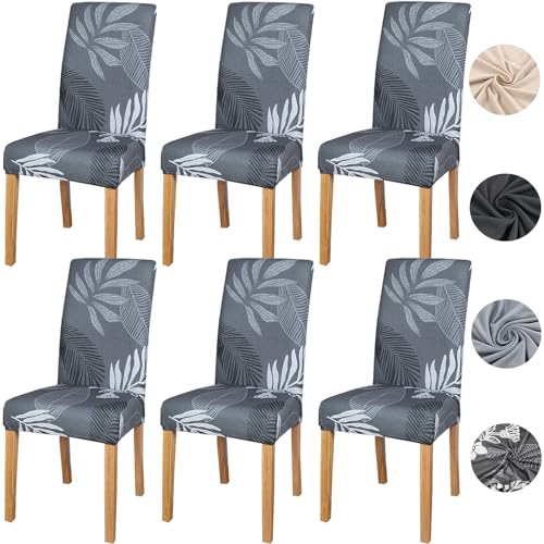 Meision Stuhlhussen 4 oder 6er Set Stretch Stuhlhussen Abnehmbare Waschbar Spandex Stuhlüberzug Stuhlbezug Stretch Universale für Hotel, Zeremonie, Bankett, Restaurant, Zuhause(6er Set, Graue Blatt) von Meision