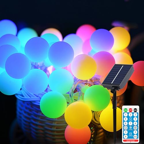 Meision Solar lichterkette Aussen 10m 100 LED Kugel LED Outdoor Lichterkette mit 8 Modi + Timer + Fernbedienung Wasserdicht Solarlichterkette Außen Wetterfest für Garten, Balkon, Hochzeit, Bunt von Meision