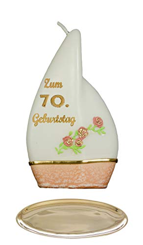 AUSWAHL * Jubiläumskerze / Geburtstagskerze ''Zum 70. Geburtstag'' * terracotta * mit farbigen Wachsauflagen * inkl. Kerzenständer aus Messing * (Motiv 'Flamme 001') AUSWAHL Motiv + Farbe von Meissner-Handel